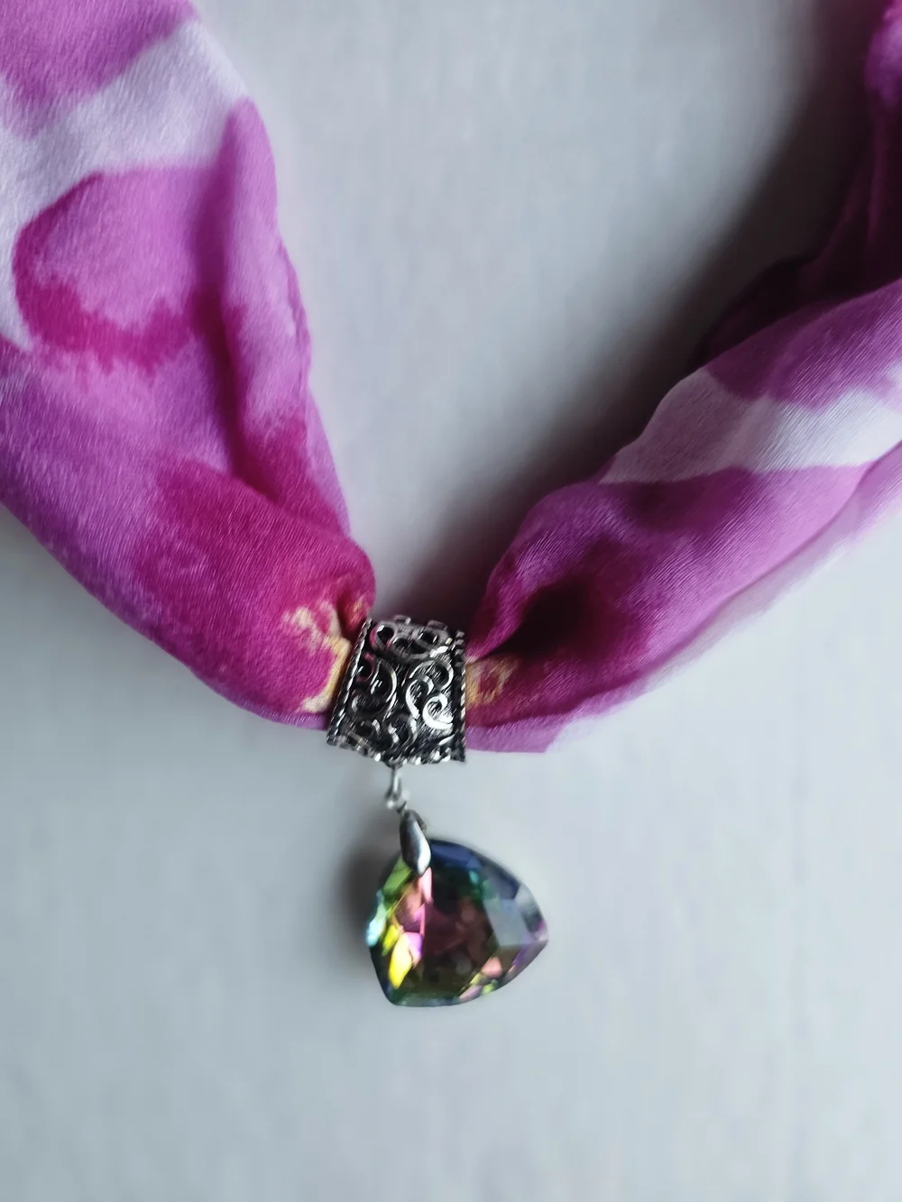Pink Silk Scarf Necklace with Iridescent Heart Pendant